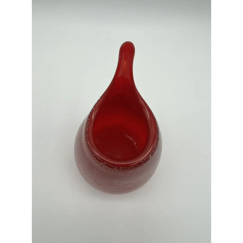 Hand Blown Red Art Glass Stretch Lip Spouted Bud Vase 4” Mid Century Style